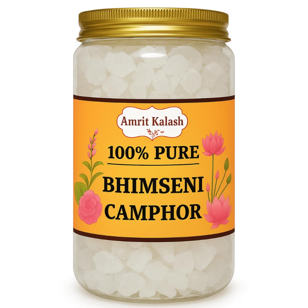 Amrit Kalash Lab Certified 100% Pure Bhimseni 250g Jar (Original) Camphor | Pacha karpooram Original | bhimseni Kapoor Original Camphor for puja, Aromatherapy & air freshener | Divine Fragrance