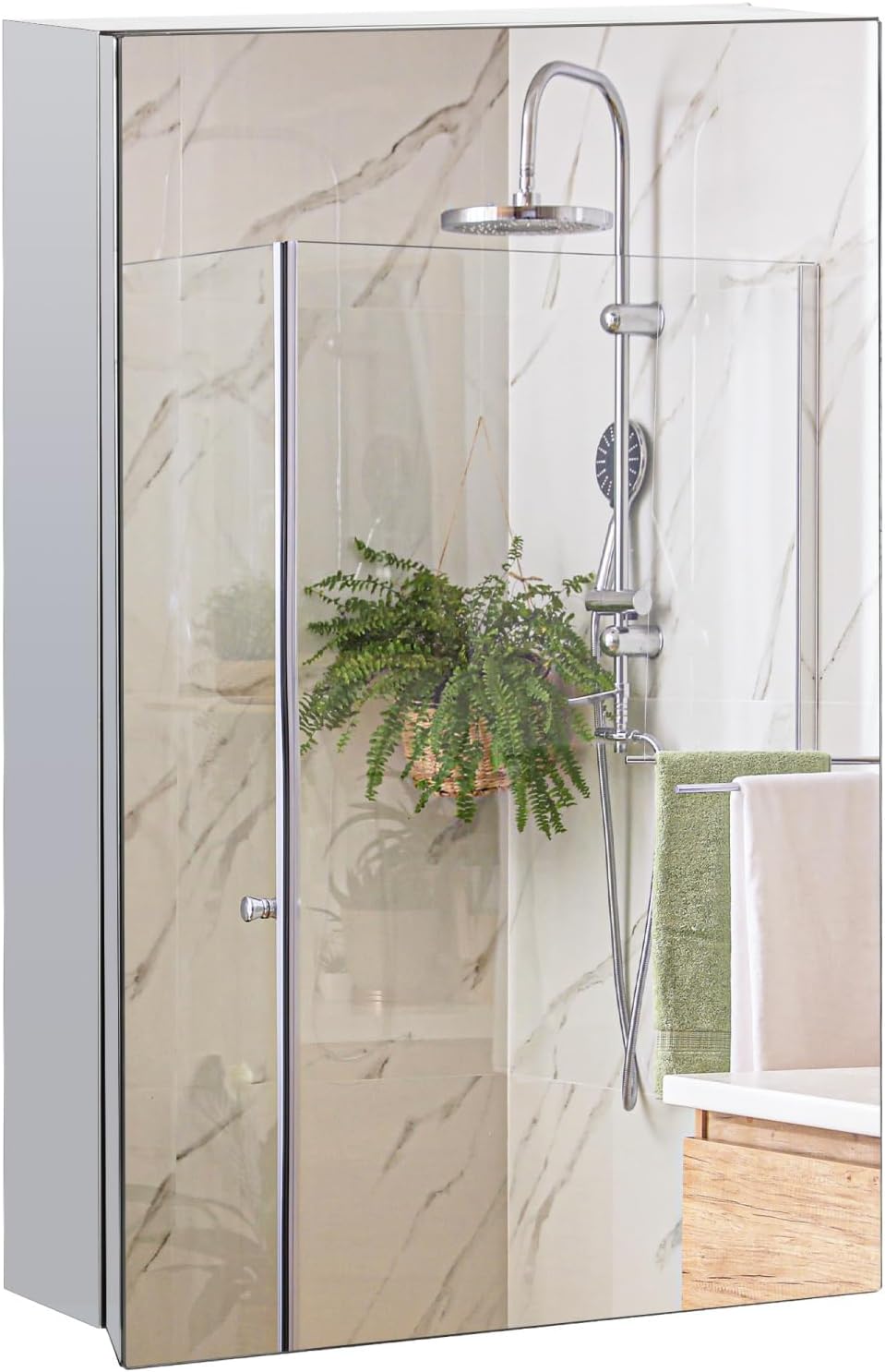Wall-Mounted Cabinet with Mirror, Bathroom Mirror Wall Mounted Hinged Door, Storage Shelves for Living Room and Laundry Room, 15" X 24", Silver