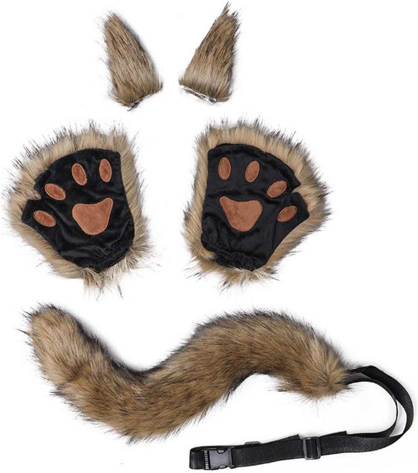 Faux Fur Beast Claw Ear and Tail Set Bear Wolf Cosplay Costume Fancy Dress Plush Paw Gloves Animal Ear Headband for Men Women Halloween Costume Cosplay and Animal Themed Party