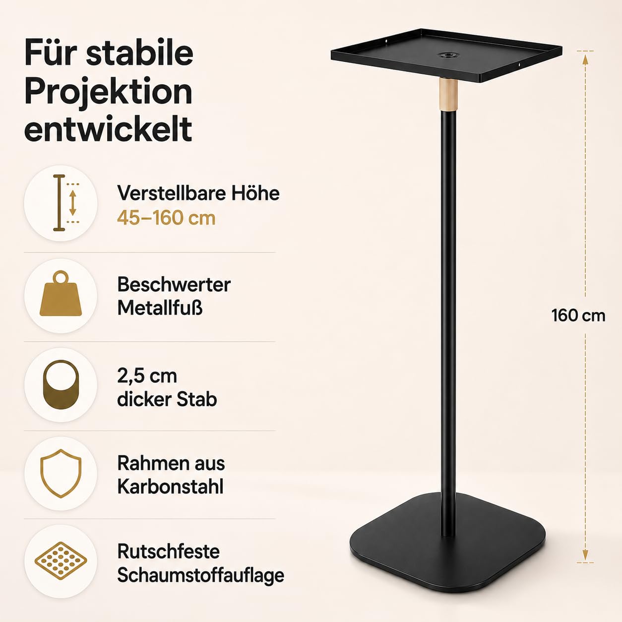 Beamer Ständer Höhenverstellbar 45 160 cm, Projector Stand aus Kohlenstoffstahl mit Schwerer Metallbasis, Beamer Halterung Bodenständer für Heimkino, Büro, Schlafzimmer und Outdoor