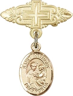 14kt Yellow Gold Baby Badge with St. Anthony of Padua Charm and Badge Pin with Cross 1 X 3/4 inches