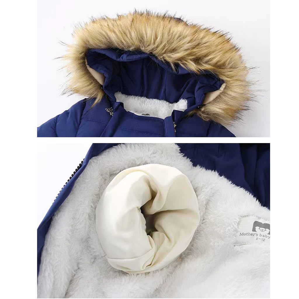 Bambino Inverno Tuta da Neve con Cappuccio Giacca Piedi Pagliaccetto con Guanti Neonato Tuta con Pelliccia Staccabile Blu 12-18 mesi