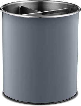Rotating Utensil Crock with Weighted Base for Stability, Stainless Steel Utensil Caddy with Removable Divider, Modern Lava Gray