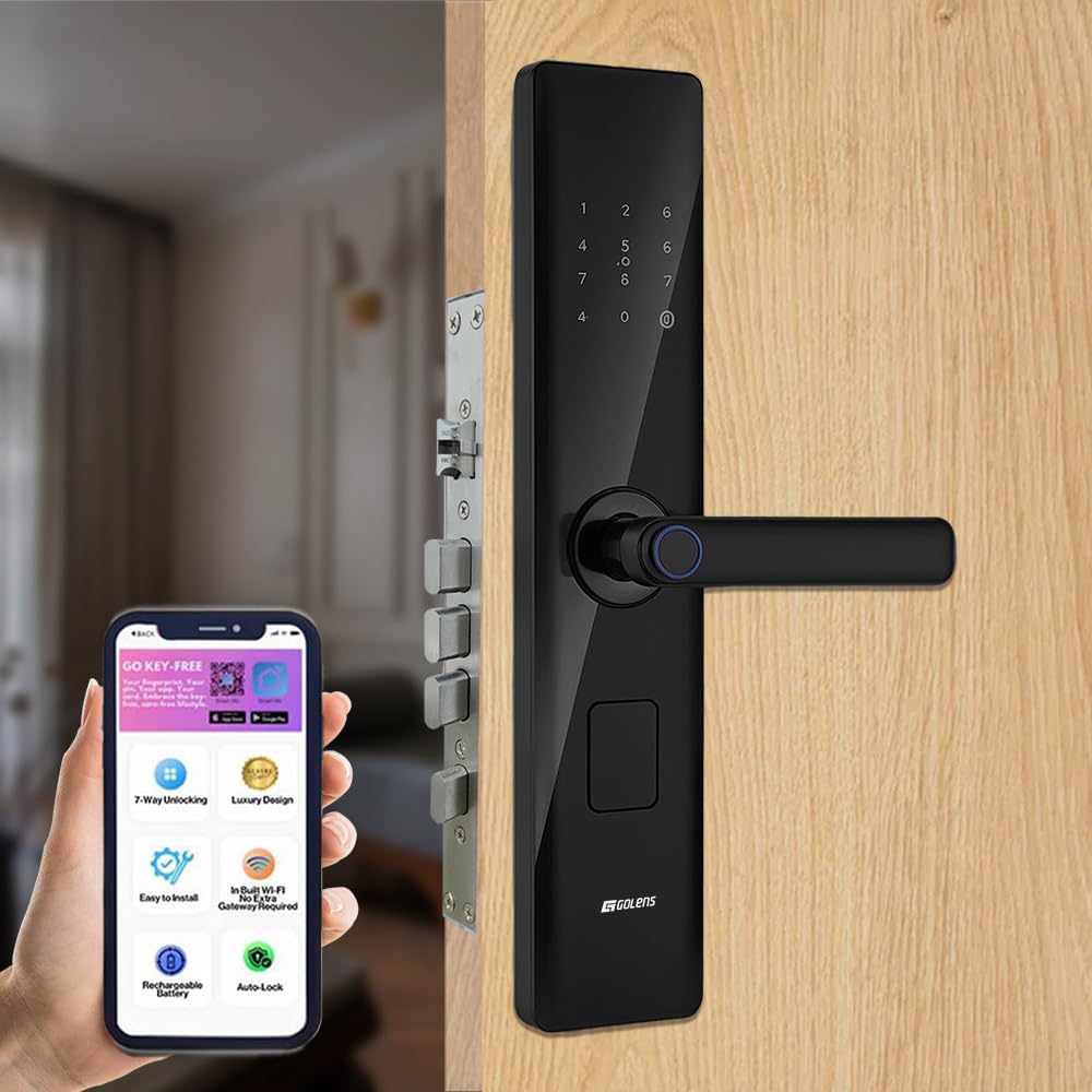 Golens X33 Glossy Smart Door Lock | 6-in-1 Keyless Entry | Wi-Fi Digital Lock | Fingerprint | PIN Code | RFID Card | OTP | Mobile App | Mechanical Key | No Gateway Needed | Fits 32–100mm Doors