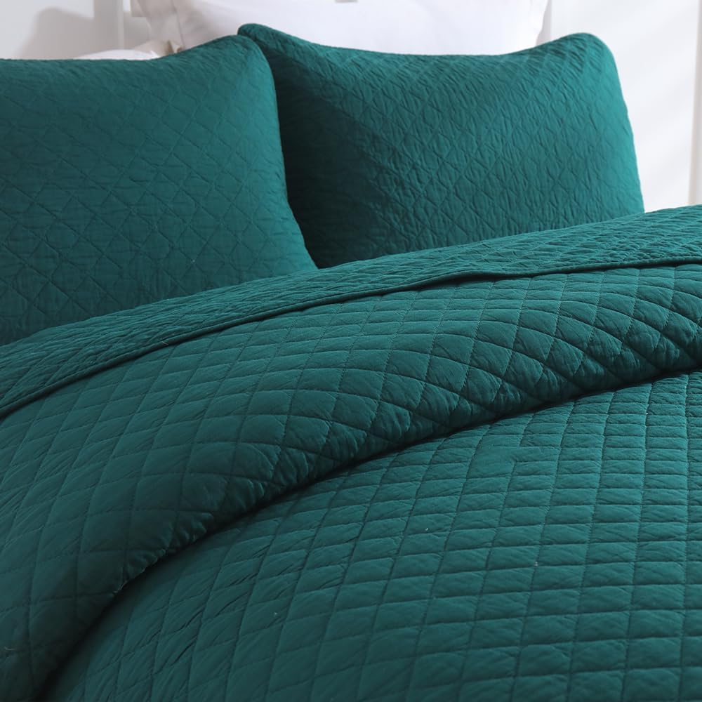 Cotton King Quilt Bedding Sets, 3 Pieces Reversible Lightweight Coverlets Comforters Bedspreads for All Seasons, Geometric Stitching Pattern, Turquoise Green - Image 4