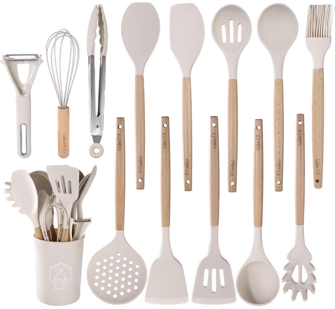 Photo 1 of Silicone Kitchen Utensils Set 14pcs, Heat Resistant BPA Free Cooking Tools With Wooden Handles, Safe For Nonstick Cookaware, Beige