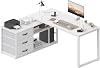 L Shaped Desk140x105cm With 3 Drawers, Reversible Computer Desk with Extra Storage Space, Adjustable Height Partitioned Storage Space, Corner Office Desk with charging outlets, White