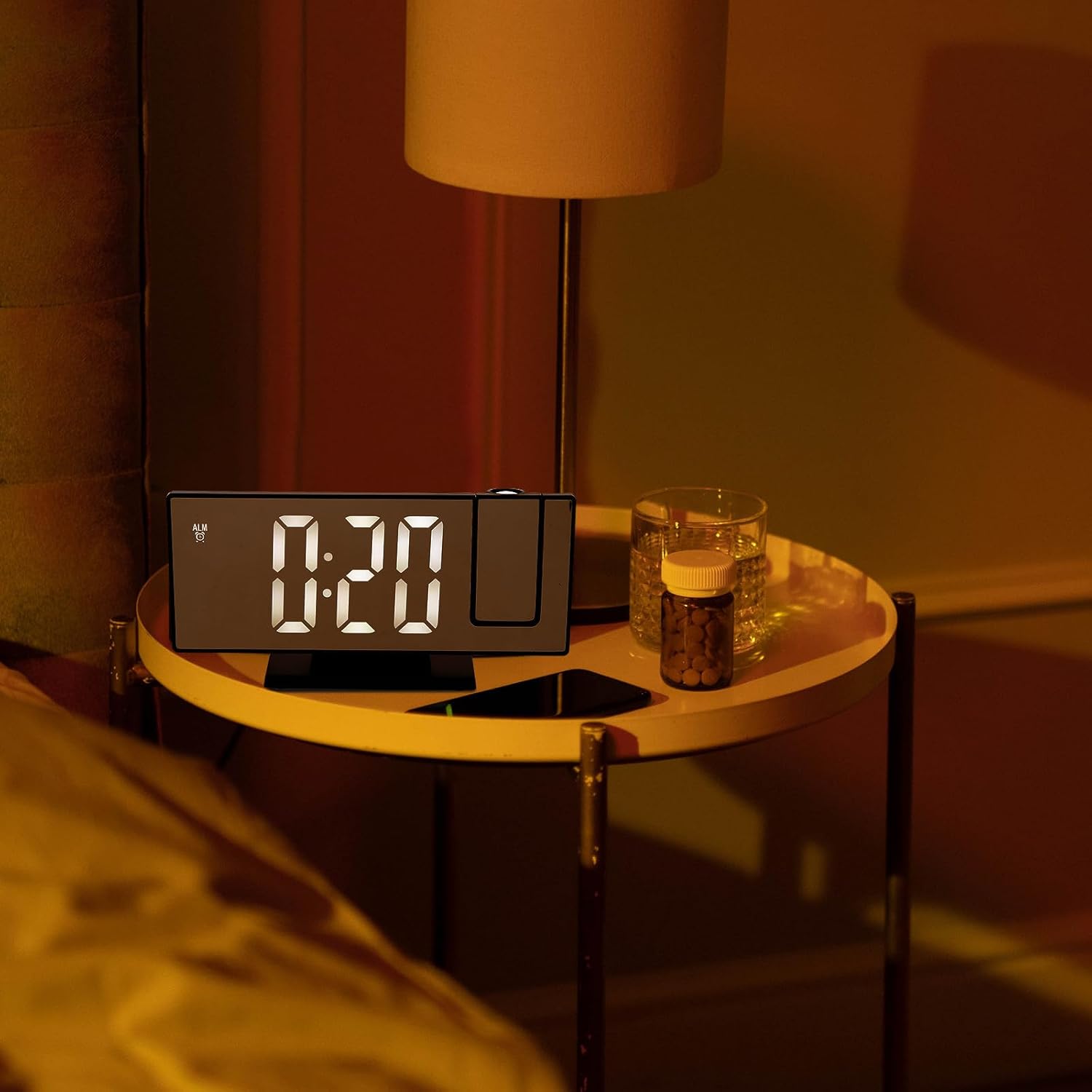 Digital Projection Alarm Clock for Bedroom Large Display Night Light Quiet Intelligent Electronic Clock with Snooze Function Black Case White Digits Suitable for Home Use