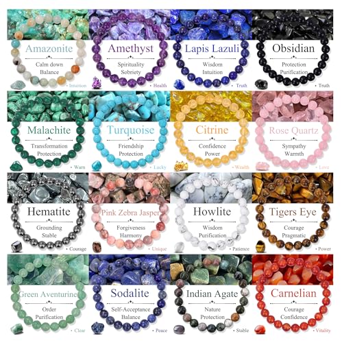 SAMOCO 16Pcs Natural Healing Crystal Bracelets for Women Men Semi-Precious Gemstone Beaded Bracelets Round Beads Gemstones Stretch Yoga Bracelet