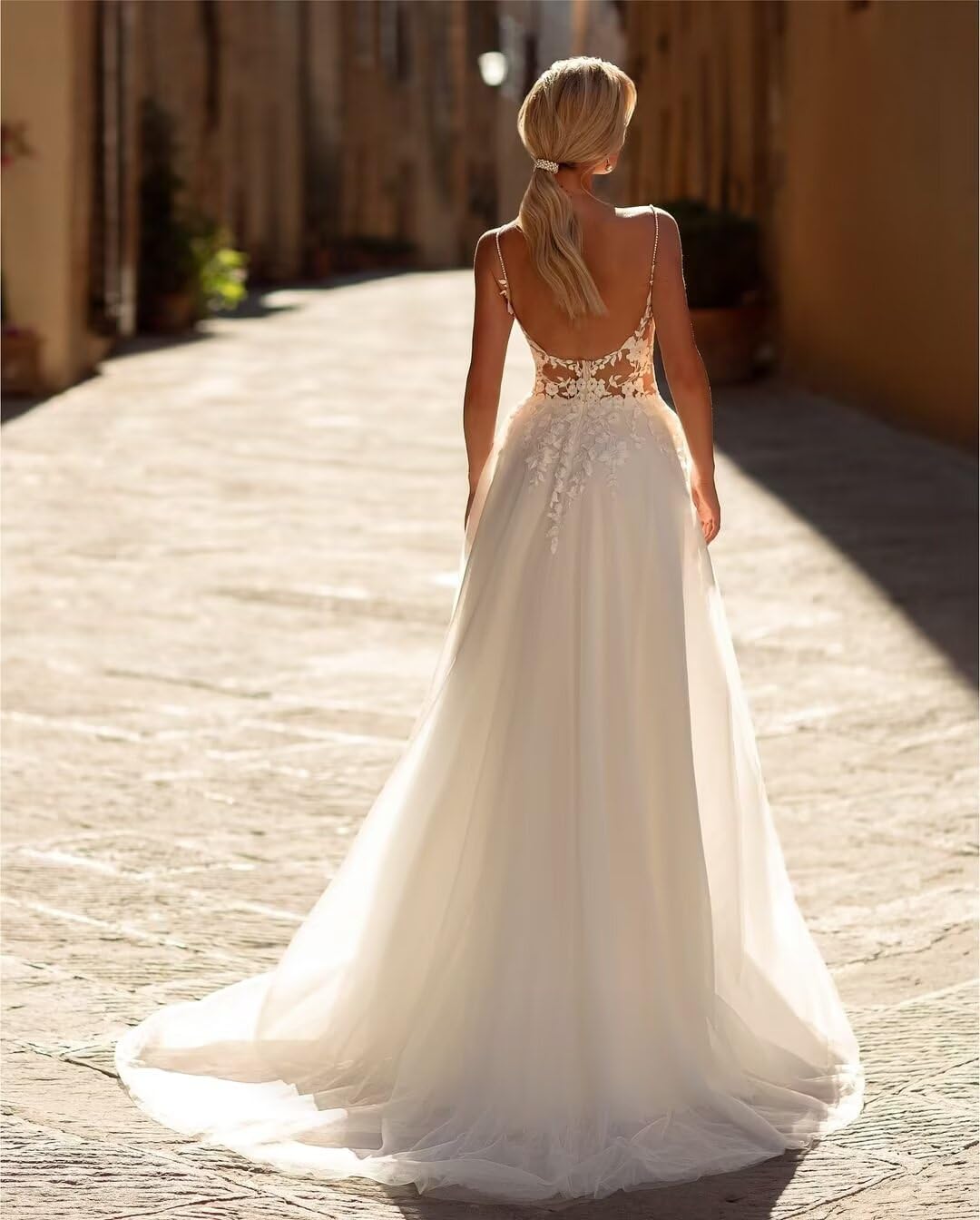 Zxruijing Women's Long Beach Wedding Dresses for Wedding 2025 Lace Applique Tulle Bridal Gowns HC013