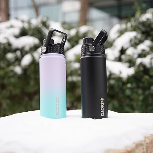 Miniatura 6 de BJPKPK Paquete de 2 botellas de agua aisladas con tapas con pajilla, botella de agua de metal de acero inoxidable de 22 onzas con 6 tapas, termo a