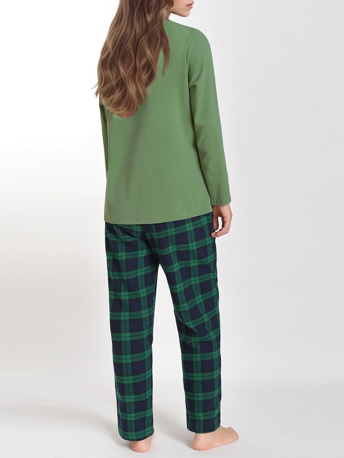 Latuza Women's Petite Pajama Set Petite Length V Neck Knit Top Flannel Pants - Image 2