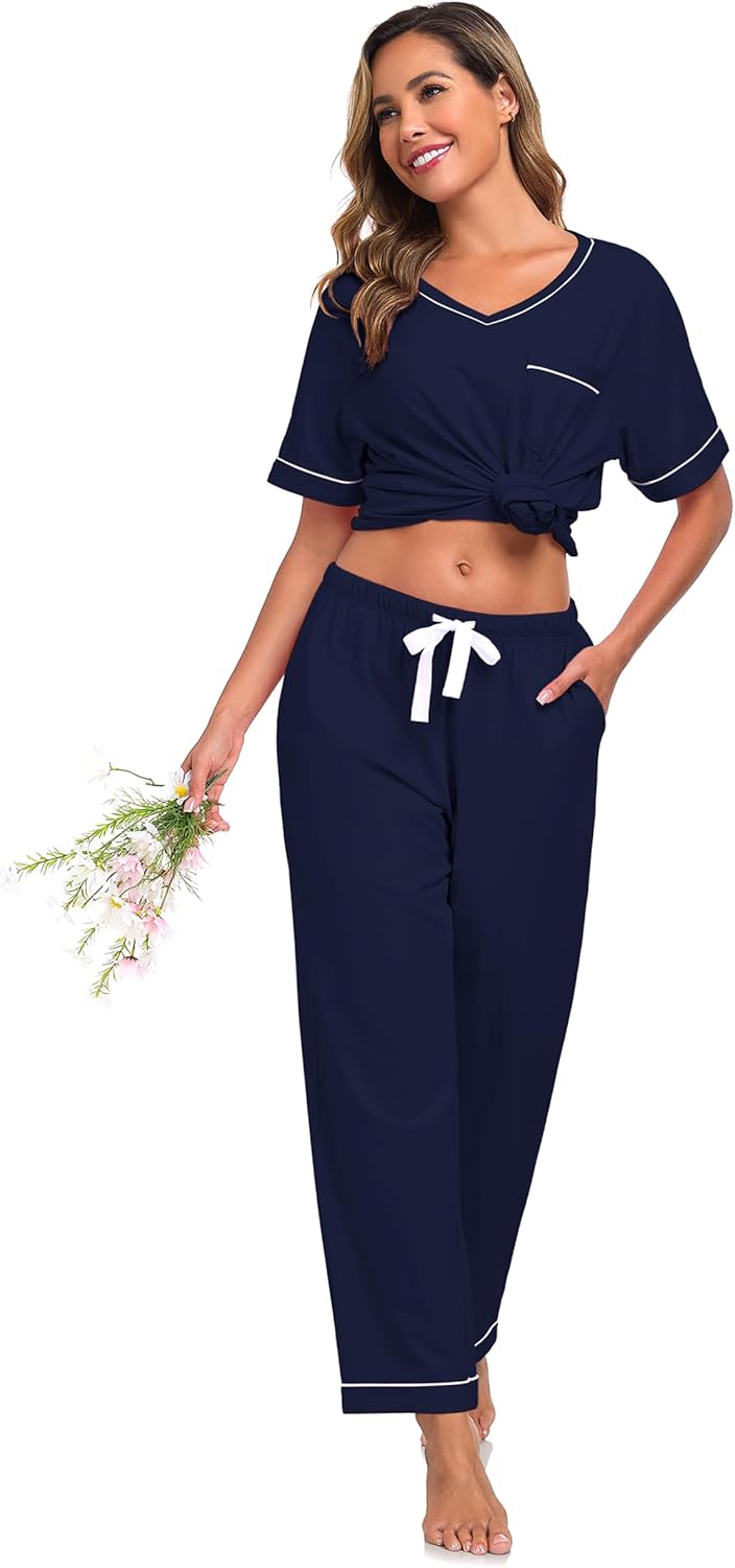 EA'S SECRET 100% Cotton Pajamas for Women Set V Neck Loungewear Pajama Pants Womens Lounge Sets Pjs Sleepwear with Pockets - Image 8