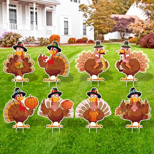 Arosche Thanksgiving Plastic Turkey Yard Signs 8pc with Stakes