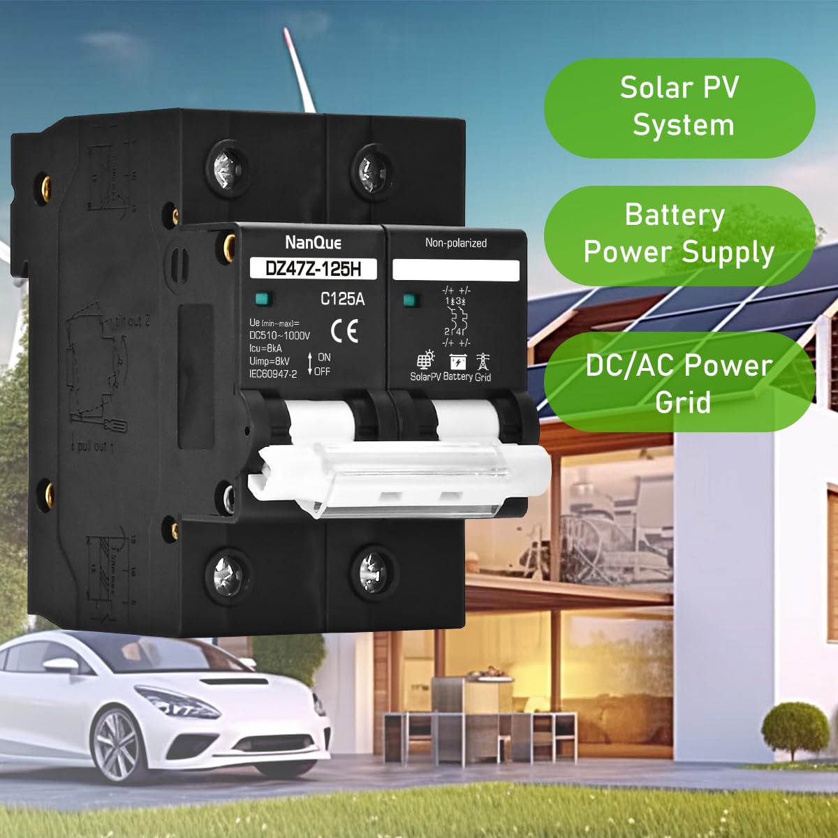 Solar DC260V 500V 600V 800V 1000V Circuit Breaker Miniature MCB for Solar Panel New Energy Battery Charging Discharging Protection Automatic Trip Over-Current Short-Circuit Protector 2 Poles (150A)