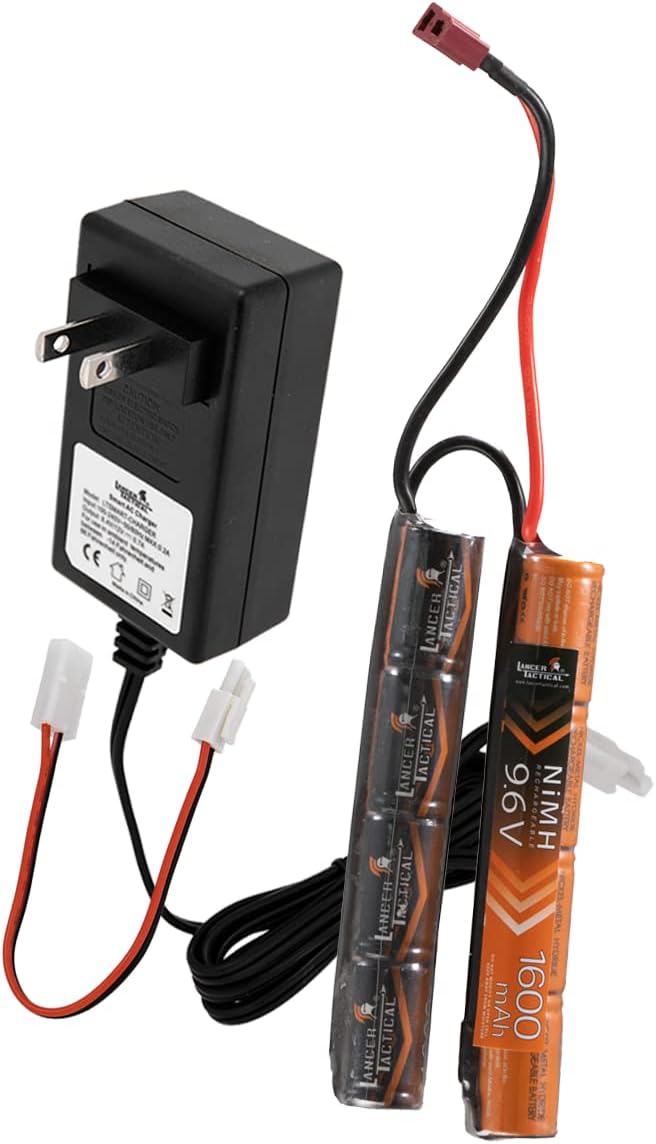 Lancer Tactical Nimh Battery Pack with Charger, 9.6v 1600 mAh Dean Connector Nunchuck with Compact Smart Charger for 8.4v - 9.6v NiMh Airsoft AEG Batteries-