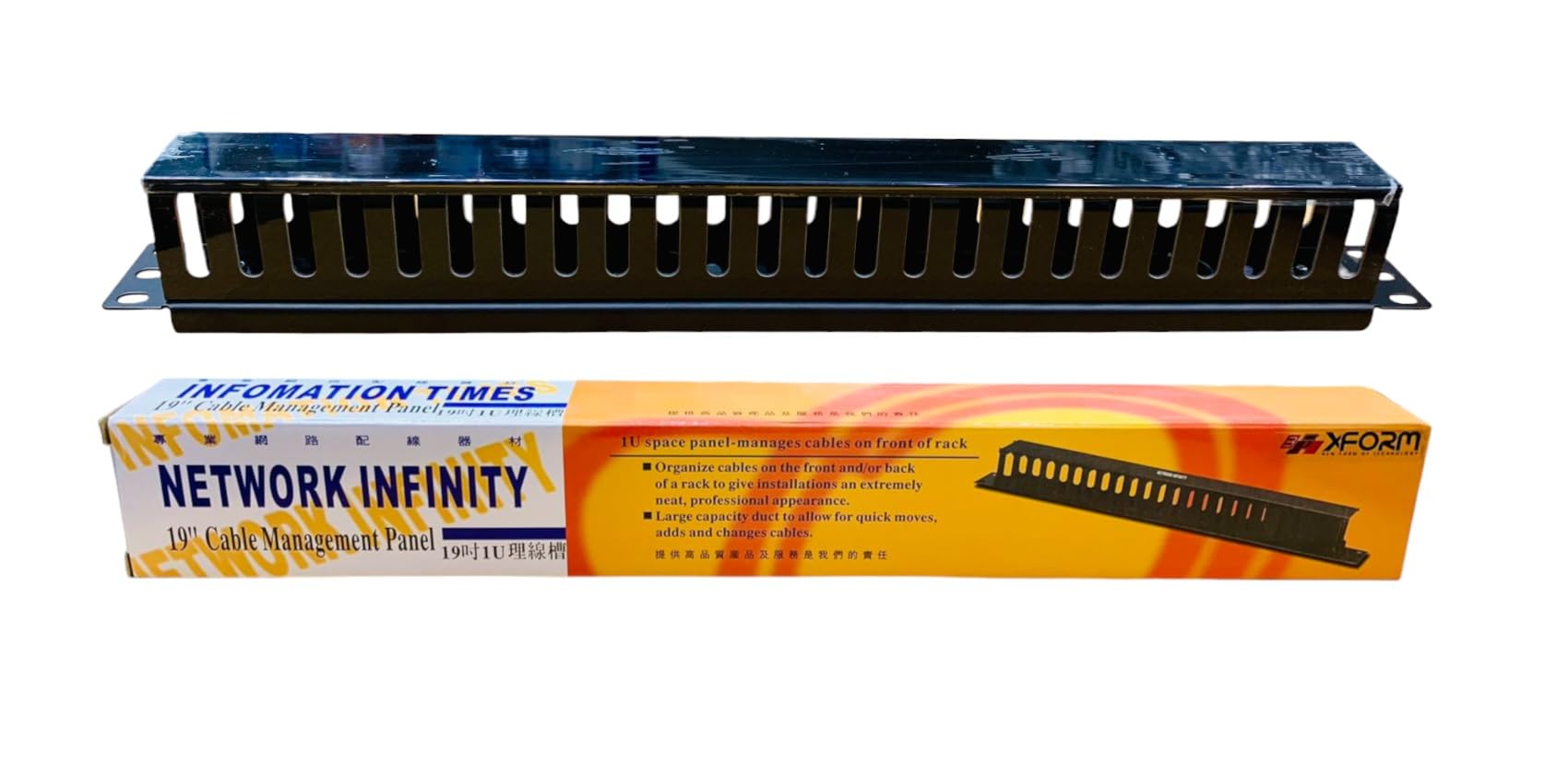 XForm 1U 24 port Cable Manager Rack Mount Horizontal Duct Raceway for 19" Server Rack | 24 Port Plastic Cable Manager with removeable Top Cover