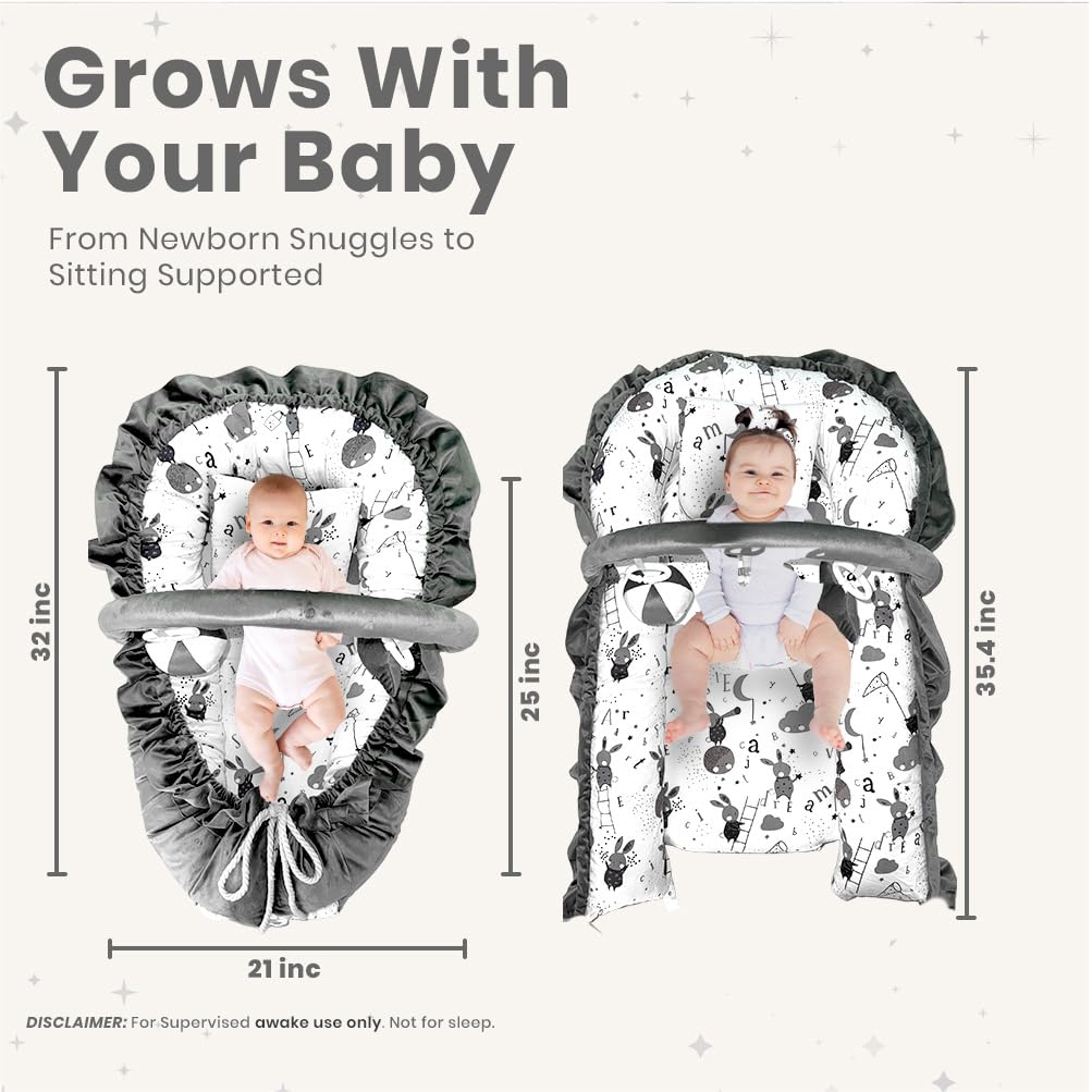 Newborn Lounger Bunny Gray - Flexible & Portable w/Infant Support Cushion, Soft & Breathable 100% Cotton - Multi-Use Supervised Baby Lounger for Floor, Travel, Changing Mat Alternative - Premium