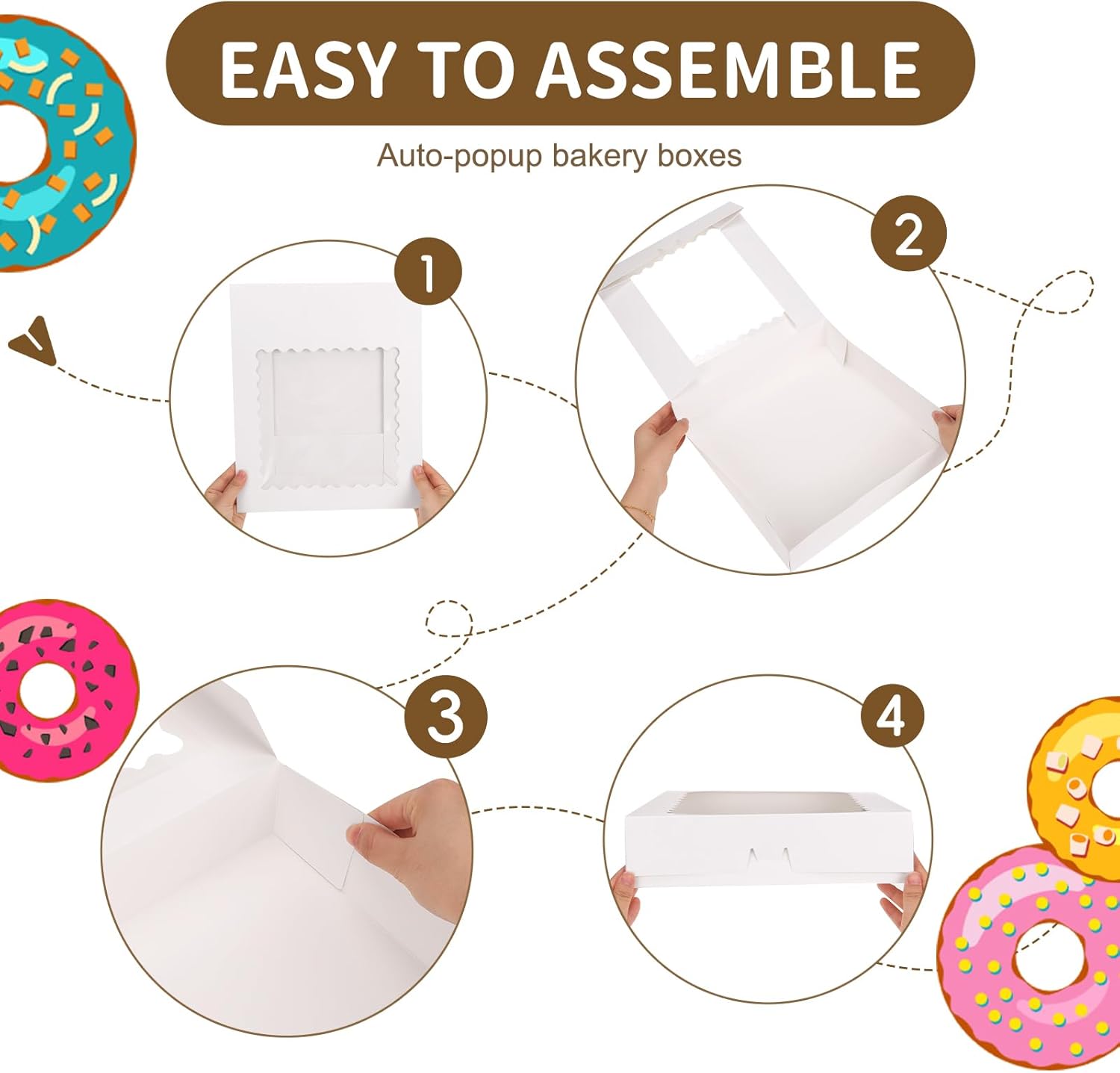Pie Boxes, 12x12x2.5 White Bakery Boxes with Window, Auto-up