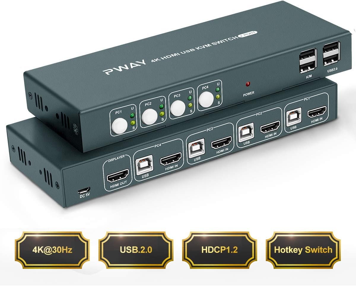 KVM Switch HDMI 4 Port Box,Support UHD 4K@30Hz & 3D & 1080P Switch,HDCP 1.2 Standard,with USB and HDMI Cables