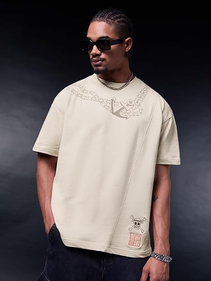 One Piece: Pirates Men and Boys Short Sleeves Round Neck Beige Graphic Printed Anime Casual Drop Shoulder Streetwear Lightweight Cotton Oversized T-Shirt – One Piece product image