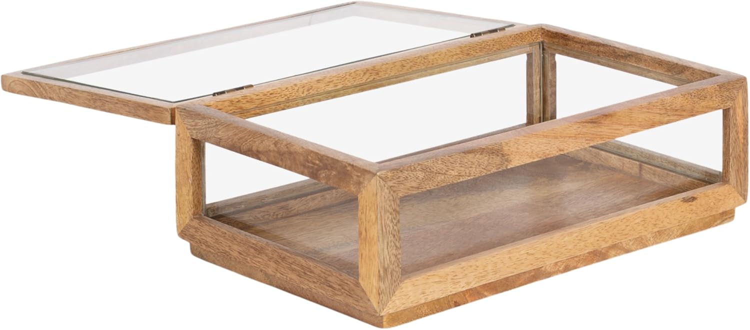 Kate and Laurel Curiel Decorative Glass Box for Tabletop Storage, 10 x 6 x 4, Clear Glass and Natural Wood, Modern Jewelry Box for Use as Bathroom Vanity Organization or Entryway Table Decor