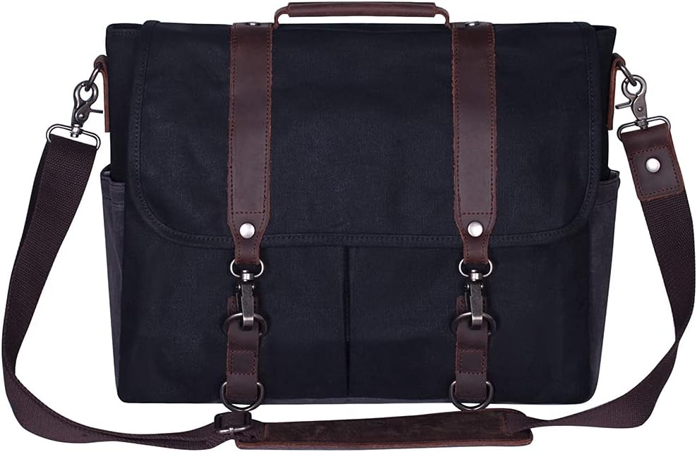 Mens Messenger Bag Waterproof Vintage Genuine Leather Waxed Canvas Briefcase Large Satchel Shoulder Bag Laptop Bag