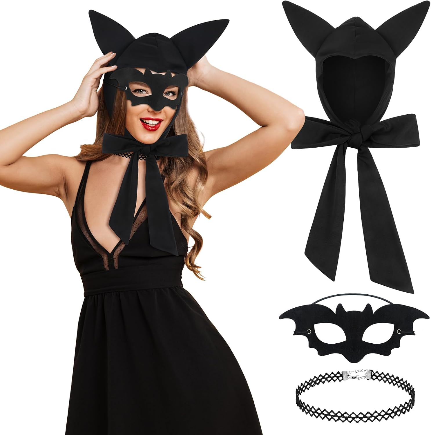 Halloween Bat Costume Accessories for Women Bat Ears Bonnet Black Eye Mask Collar for Adult Halloween Themed Cosplay Dress Costume Party