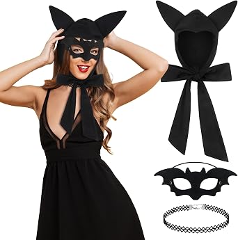 Halloween Bat Costume Accessories for Women Bat Ears Bonnet Black Eye Mask Collar for Adult Halloween Themed Cosplay Dress Costume Party