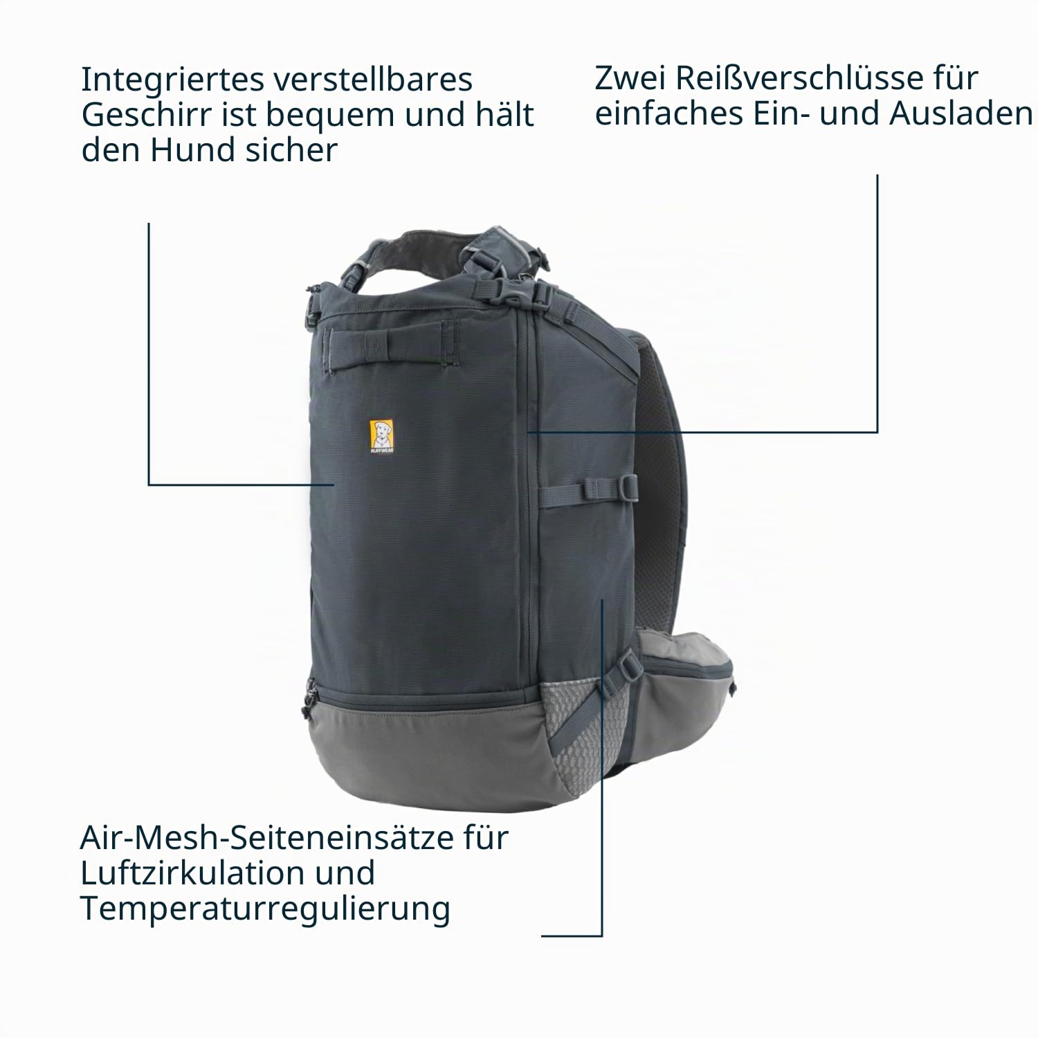 Ruffwear Hitch Hiker Hunde-Rucksack-Tragetasche, Haustier-Tragetasche, Reisetasche, integriertes Geschirr und gepolsterte Gurte, atmungsaktiv und bequem, vollständig belüftet, Basalt Gray, Größe S