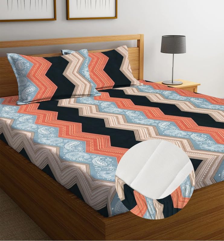 Image of la'amour Cotton Elastic Fitted Bedsheets with 2 King Size Pillow Covers Double Bed with All Around Elastic Supersoft Size - 72 King Sizex78+10 inches Color - Orange Black