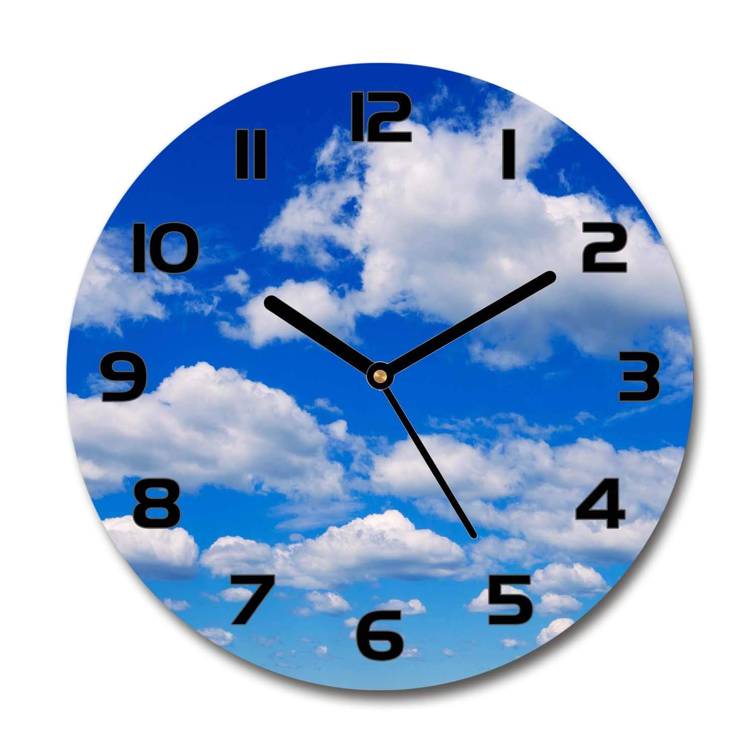 Horloge en Verre Rond 30cm Nuages dans Le Ciel Tulup avec Aiguilles Noires