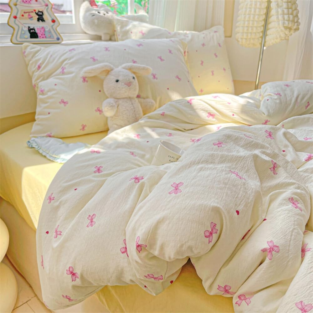 Michorinee Double Duvet Cover Set Beige Pink Bow Tie Pattern Country Style Bedding Set Aesthetic Cute Bowknot Soft Washed Microfibre Girls Quilt Comforter Cover with 2 Pillowcases 50x75 Zipper Closure โ image 1