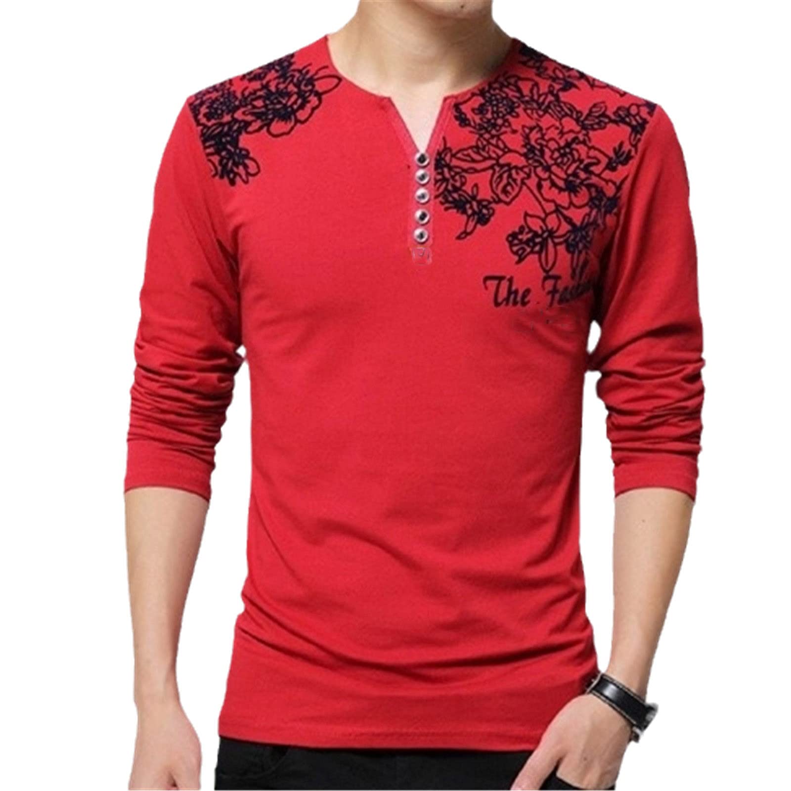 Herbst Herren T-Shirt Langarm Knopf Henry Kragen Mode Blumendruck Baumwolle T-Shirt Männer Slim Fit Tops, rot, XXL