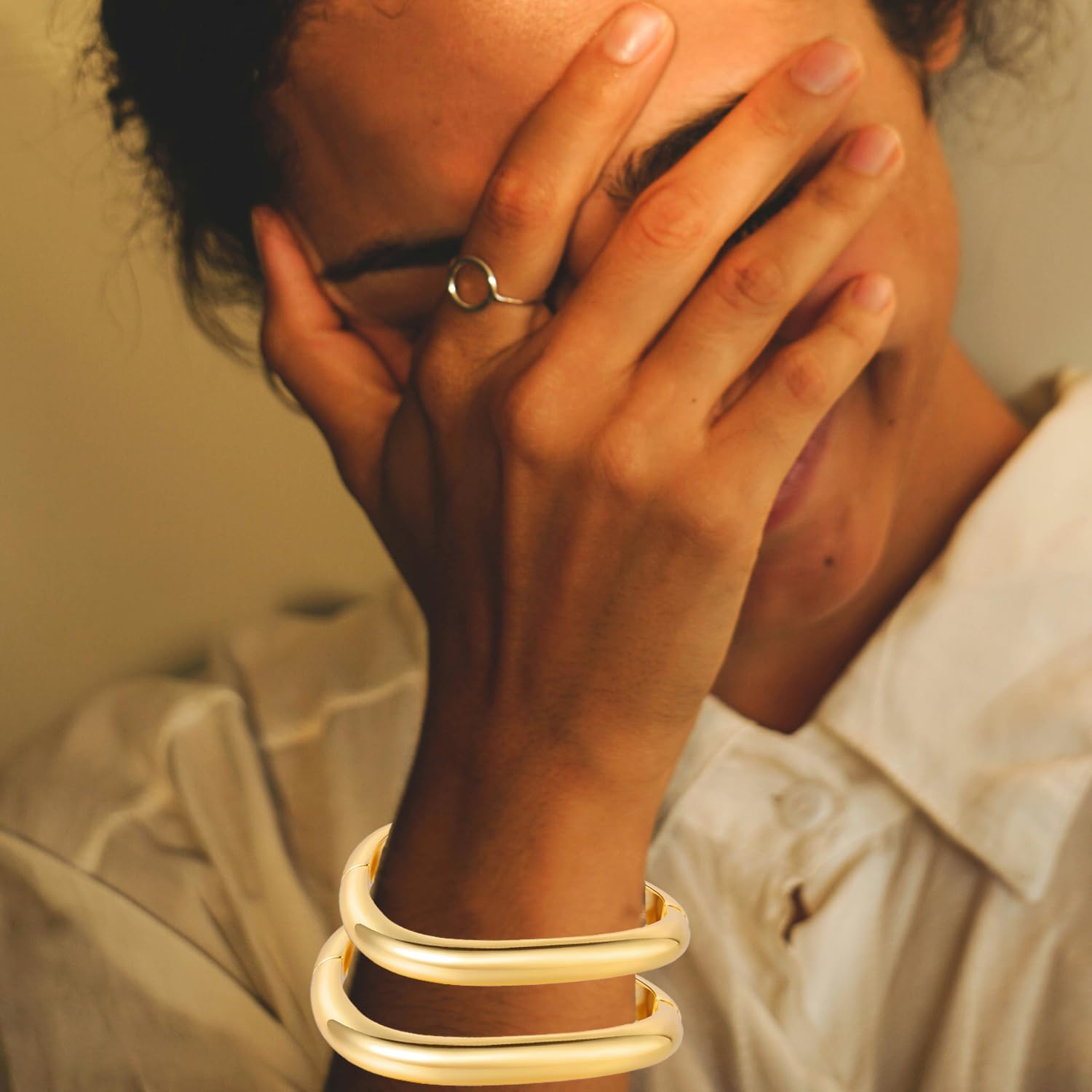 Valentines Day Gifts for Her, Gold Bangles Bracelets for Women Chunky Gold Cuff Bracelet Set 2PCS Trendy Bracelet for Women Irregular Cuff Hinged Wide 14K Gold Plated Bracelet - Image 5