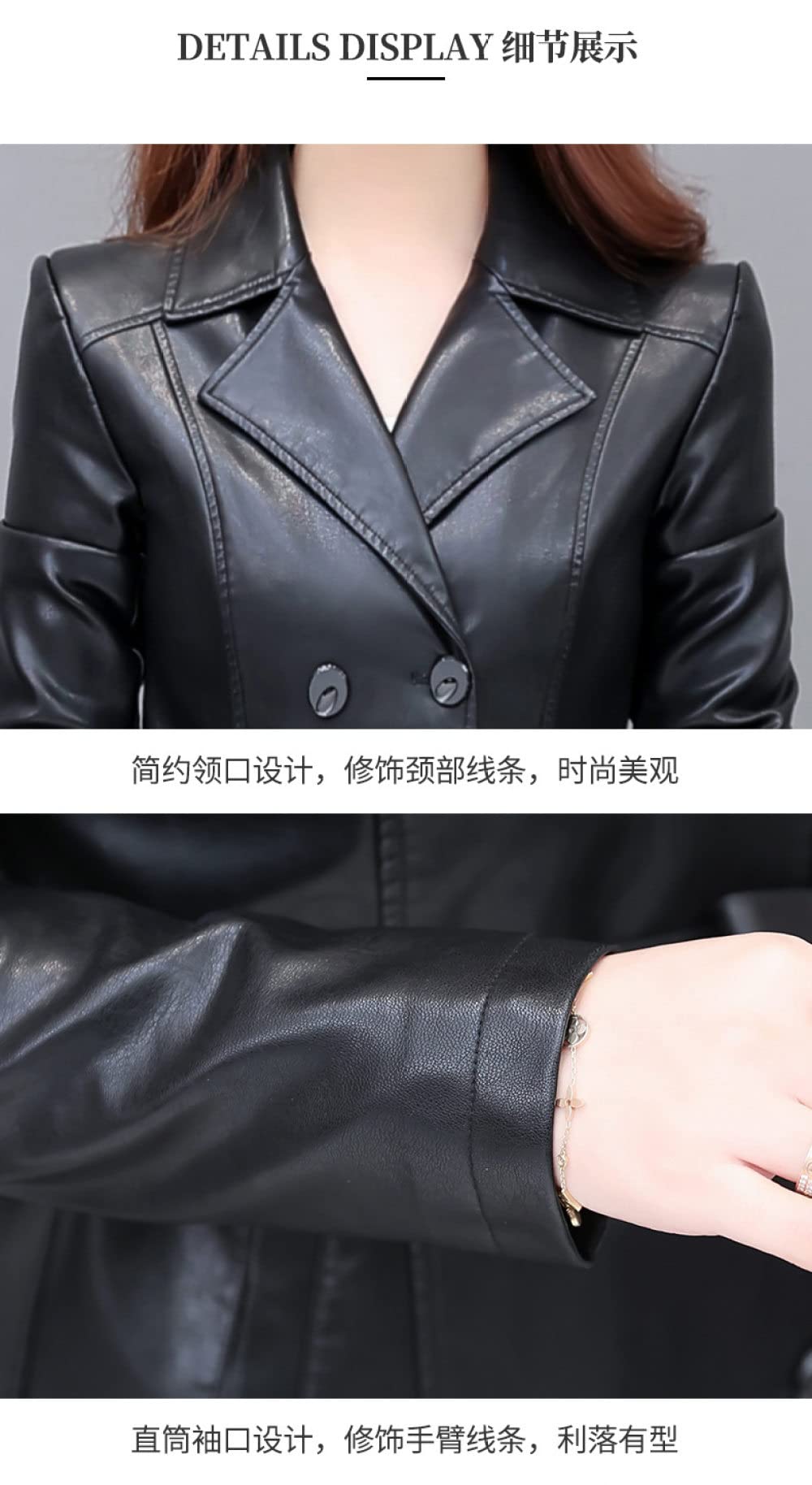 Chaqueta Mujer Primavera,Gabardina De Piel Sintética Para Mujer, Chaqueta Negra Con Solapa De Longitud Media, Cinturón De Doble Botón, Elegante, De Manga Larga, Ajustada, Para Motociclista, Abrig