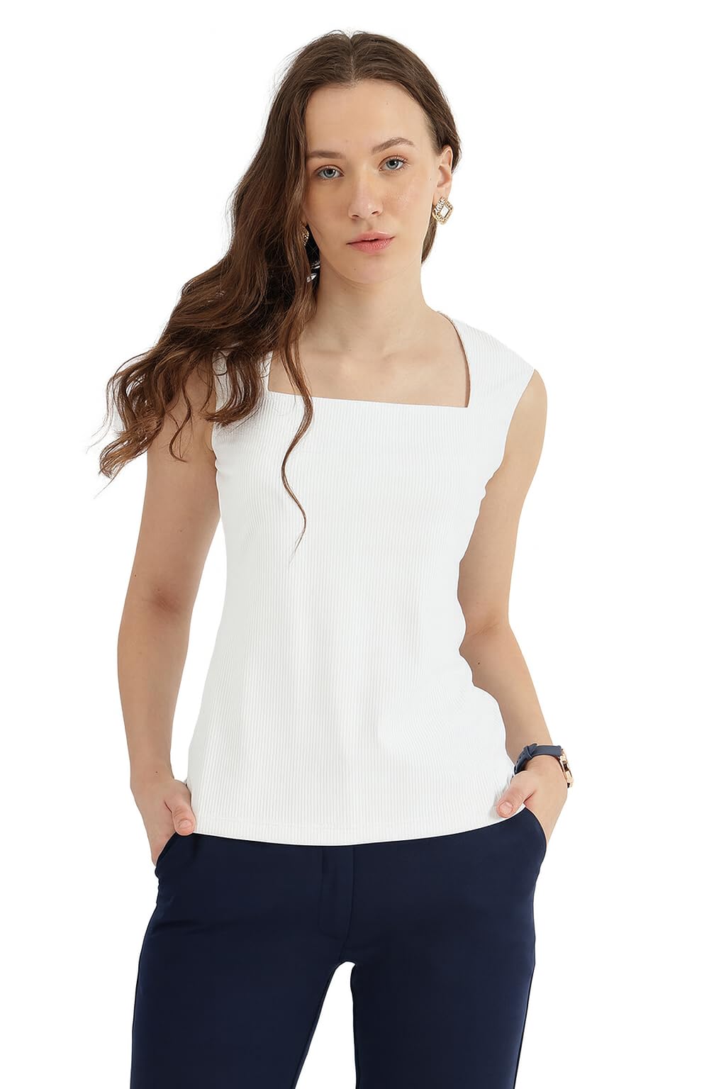 fablestreet Solid White Square Neck Polyester Casual Women's Top (FSKNTP1566WHIT)-picture-14