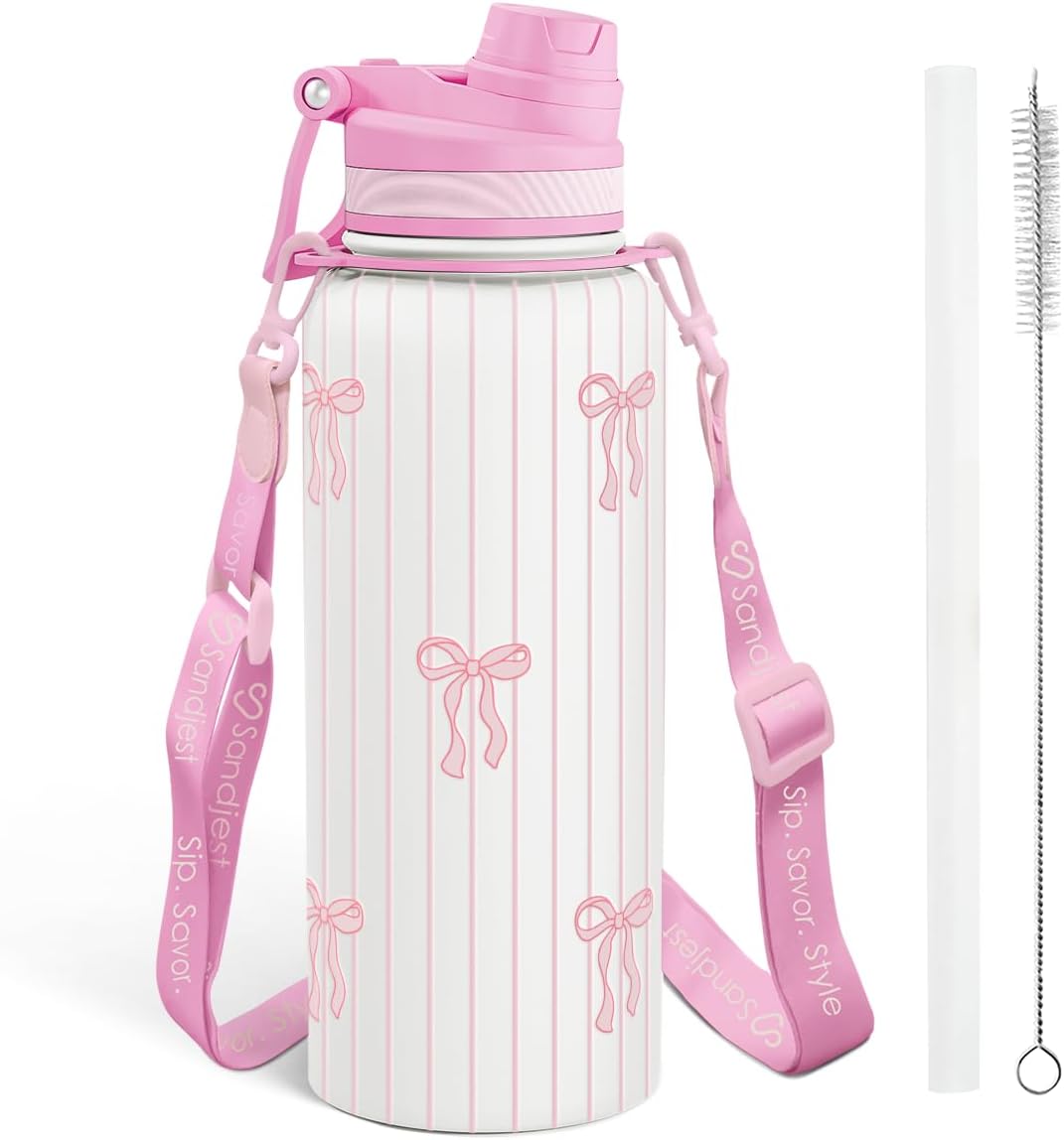 Bow Stainless Steel Water Bottle with Strap 32oz, Insulated Bottles with Straw and Spout Lid for Gym Sports Travel Outdoor, Gifts for Women Girls Birthday Christmas