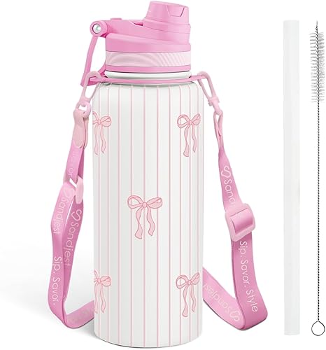 Miniatura 22 de SANDJEST Botella de agua de acero inoxidable con correa de 32 onzas, botellas aisladas con popote y tapa de boquilla para gimnasio, deportes, viajes