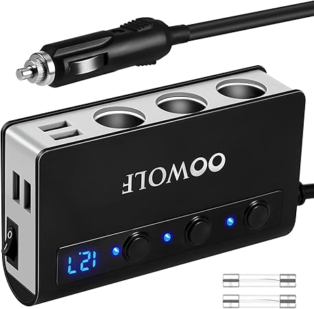 Amazon Oowolf シガーソケット 三連シガーソケット 75cmケーブル 電圧計搭載12 24v兼用の180w シガーソケット Qc3 0急速給電 独立スイッチとマスタースイッチ搭載のソケット分配器 一年保証 ソケット分配器 車 バイク