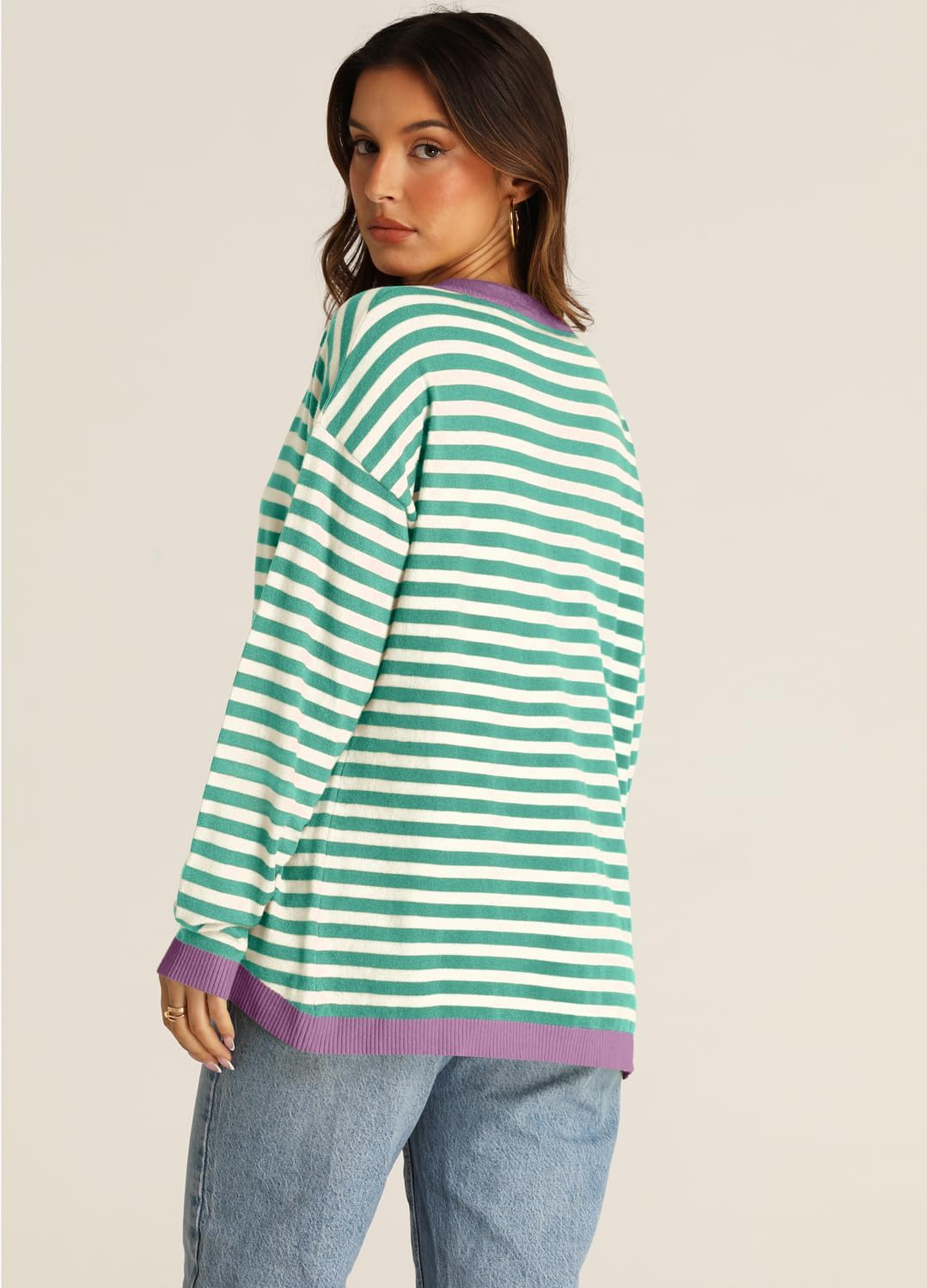 YEXIPO Womens Sweaters Striped 2024 Fall Long Sleeve Crewneck Casual Knit Lightweight Oversized Pullover Sweater Tops - Image 4