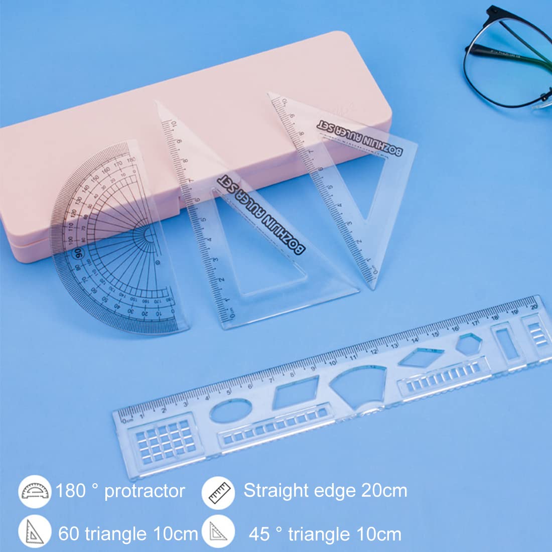 Kit Géométrie 4 Pièces Incassable - Règle, équerre, Rapporteur - École