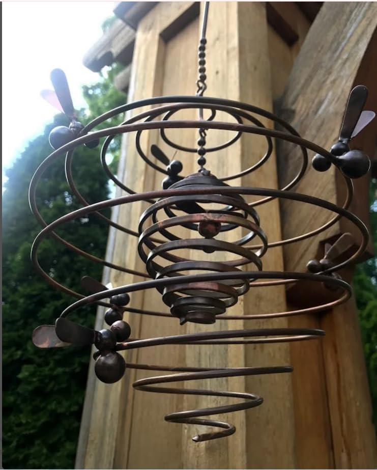 Honey Bee Spiral Hanging Spinner – Copper Color Metal Wind Mobile for Garden, Patio, Yard, or Porch – Outdoor Decorative Kinetic Art – Labor Day Seasonal Yard Ornament