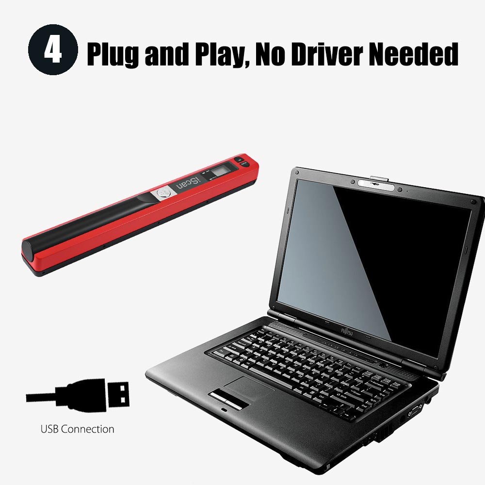 iScan Magic Wand przenośny skaner wizytówek i dokumentów - mini rozmiar, mobilny skaner USB (czerwony)
