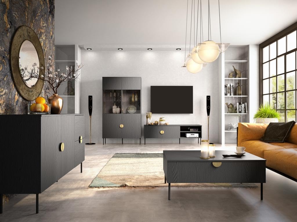 Vente-unique - Meuble TV avec 2 Portes et 2 niches - Noir et doré - Nataniel