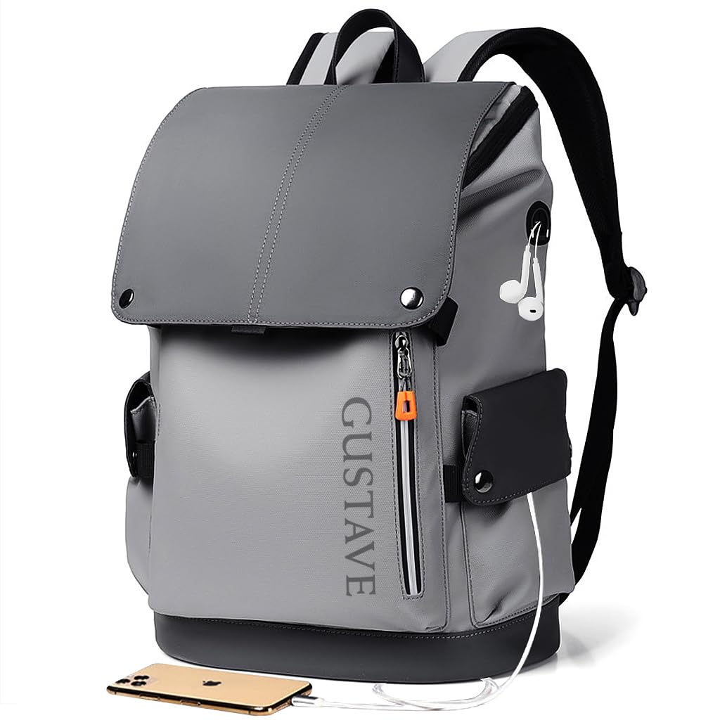 GUSTAVE® Mens Fashion Leather-Look 17.3" Laptop Backpack With USB Port, Waterproof, Organized Pockets, Breathable Panel & Stylish Design - Grey, Travel-Ready (B0CQLNVF2H) Amazon Price History, Amazon Price Tracker
