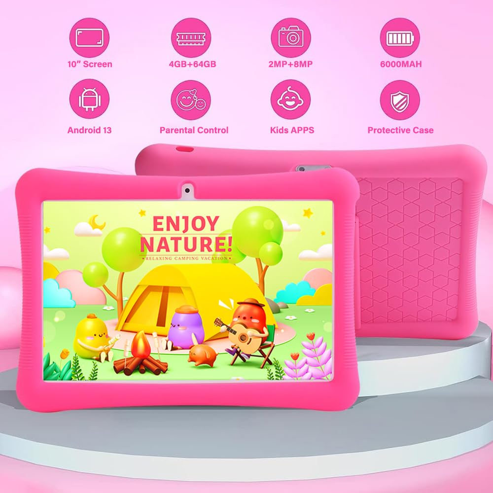 niuniutab Tablet Bambini 10 Pollici,RAM 4GB/64GB, Tablet Android 13,Adatto per la certificazione GoogleWifi,Controllo Parentale,Kids Space,con Custodia Antiurto(ROSA)