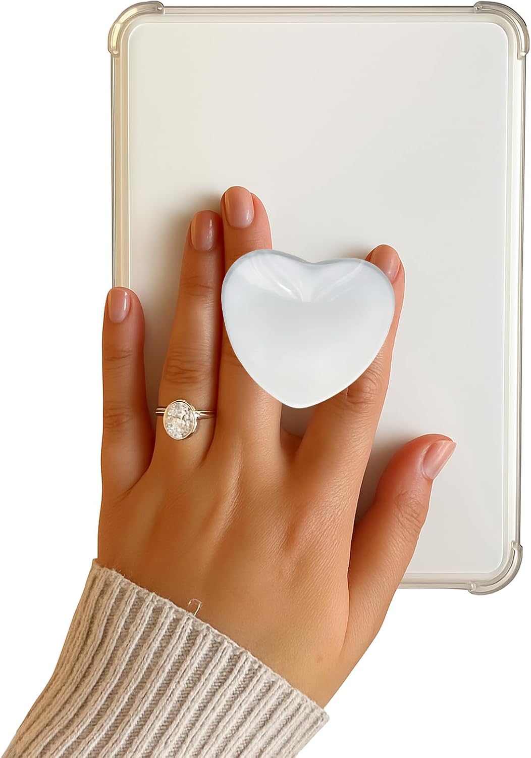 Heart Adhesive Phone Grip Holder, Cute Collapsible Glass Stick Phone Grip Stand Expanding Kickstand for Smartphones and Kindle e-Readers, 3D Love Sticky Grips, White