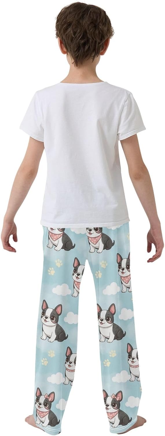 Cute Cartoon Dog Blue Pajama Pants Soft Modal Elastic Waist Lounge Sleepwear with Pockets Cozy Loungewear