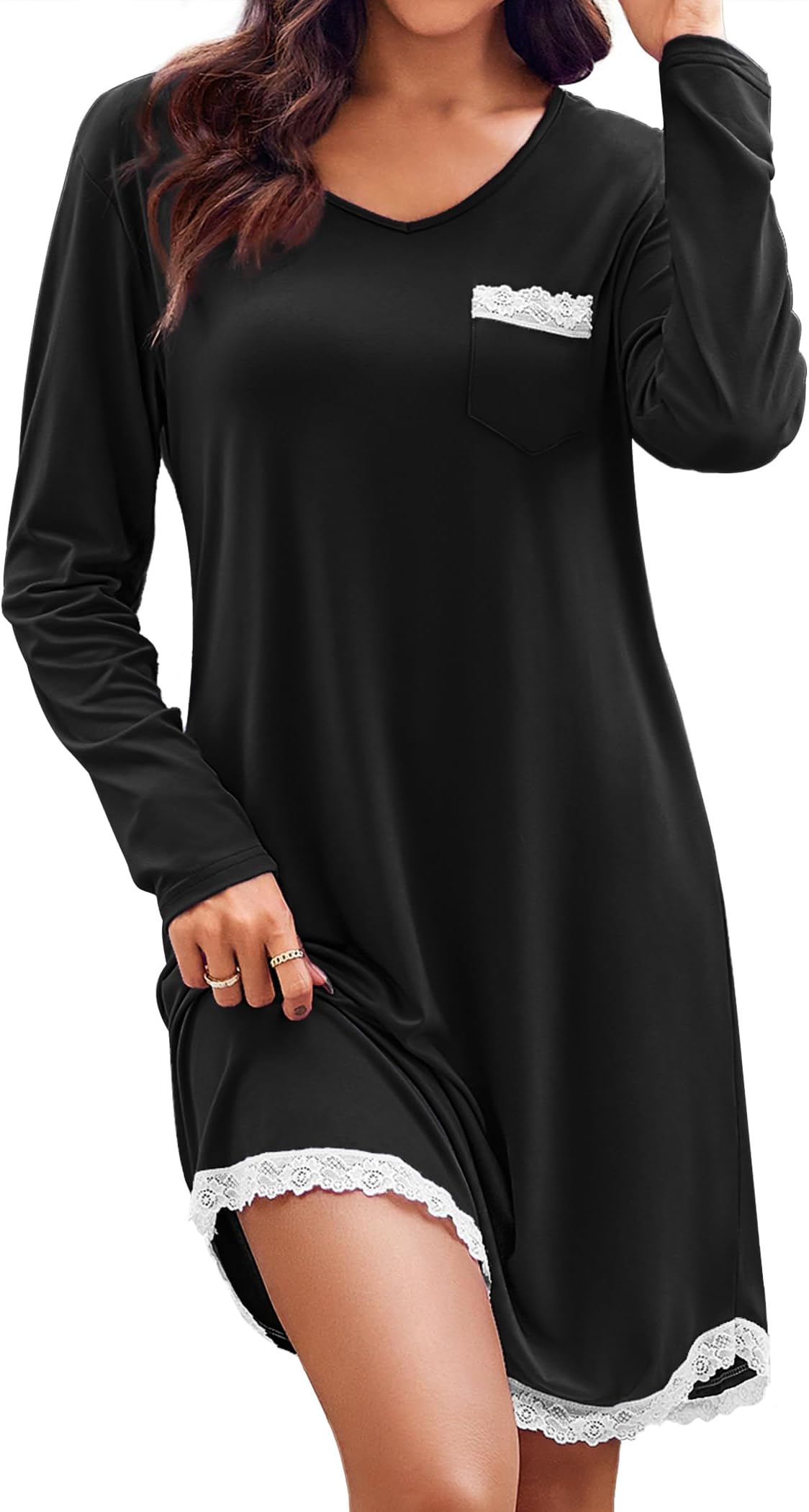 EkouaerWomens Long Sleeve Nightgowns V Neck Sleepshirts Lace Nightshirts Casual T-shirt Sleep Dress with Pocket